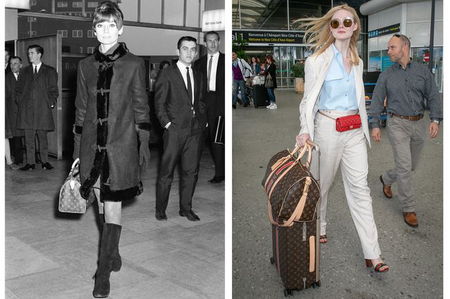 De gauche à droite : Audrey Hepburn à l'aéroport ;  Elle Fanning à l'aéroport