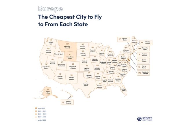 Carte des États-Unis montrant les endroits les moins chers pour voler de chaque état