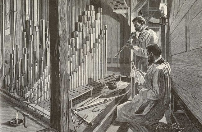 Le nettoyage des tuyaux de l'orgue de Notre-Dame, Paris, France, illustration tirée de L'Illustration, n° 2672, 12 mai 1894