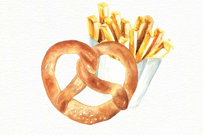 Illustration à l'aquarelle d'un bretzel et de frites au sel