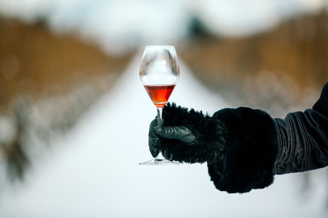 Un verre de vin de glace en hiver en Ontario, Canada