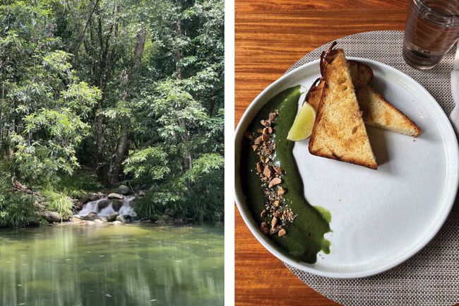 Deux images, l'une montrant des eaux d'arbres près d'une petite cascade et l'autre une assiette de nourriture avec du pain grillé