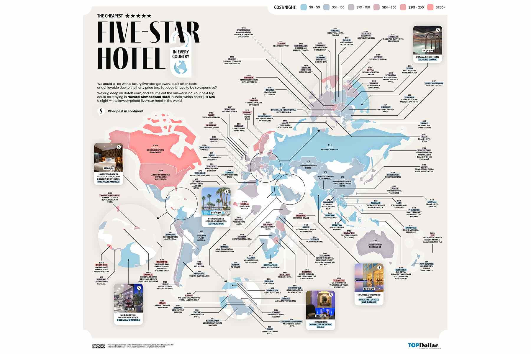 Carte du monde de l'hôtel cinq étoiles le moins cher dans chaque pays