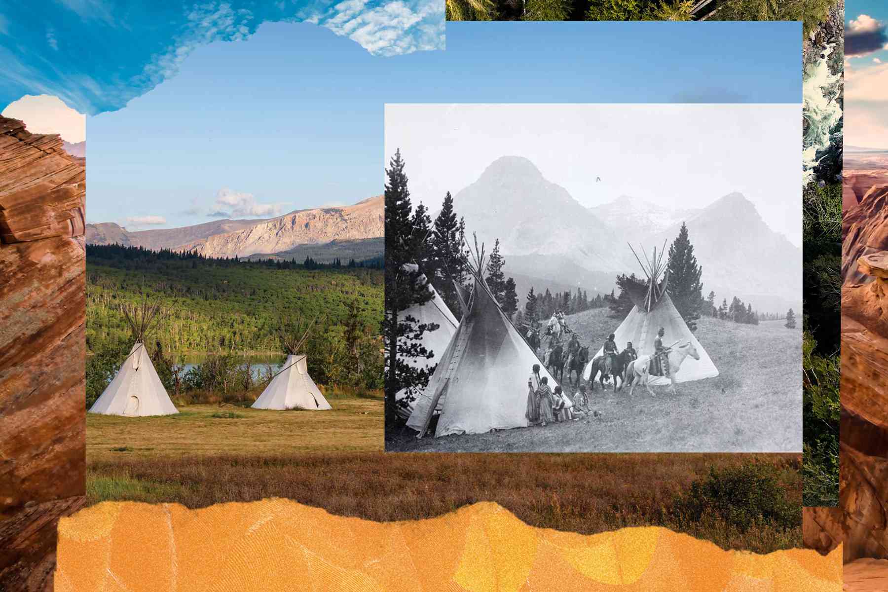 Image en couleur du parc national des Glaciers avec des tipis au premier plan avec une vieille photo superposée pour montrer comment la tribu Blackfeet vivait sur la terre
