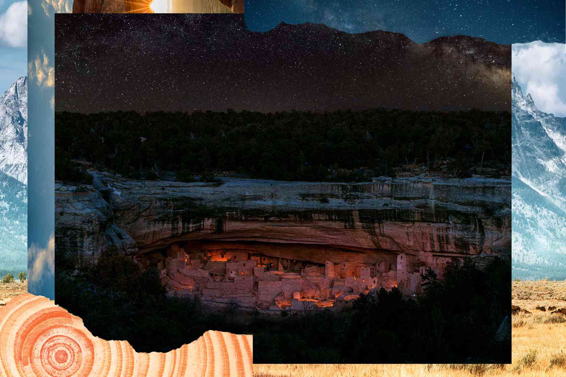 Mesa Verde Cliff Dwellings éclairé par la lumière de la lanterne avec la Voie lactée au-dessus.