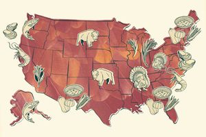 Carte illustrée des États-Unis montrant les aliments utilisés par les communautés autochtones