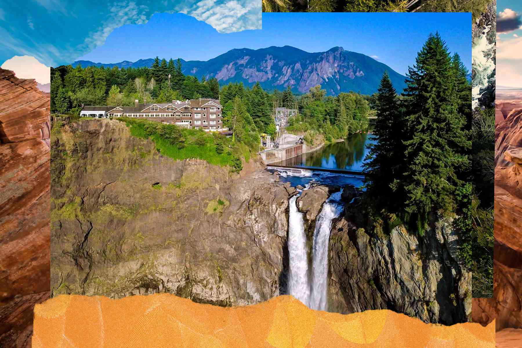 Vue extérieure du Salish Lodge and Spa à Washington, il se trouve sur une falaise à côté d'une cascade avec des montagnes au loin