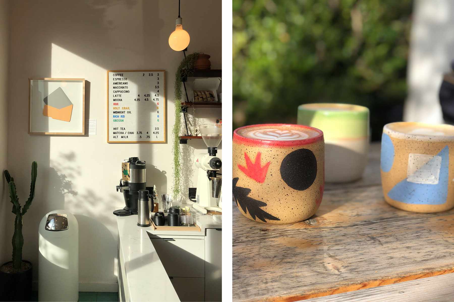 Intérieur du café et trois cafés dans des tasses en céramique