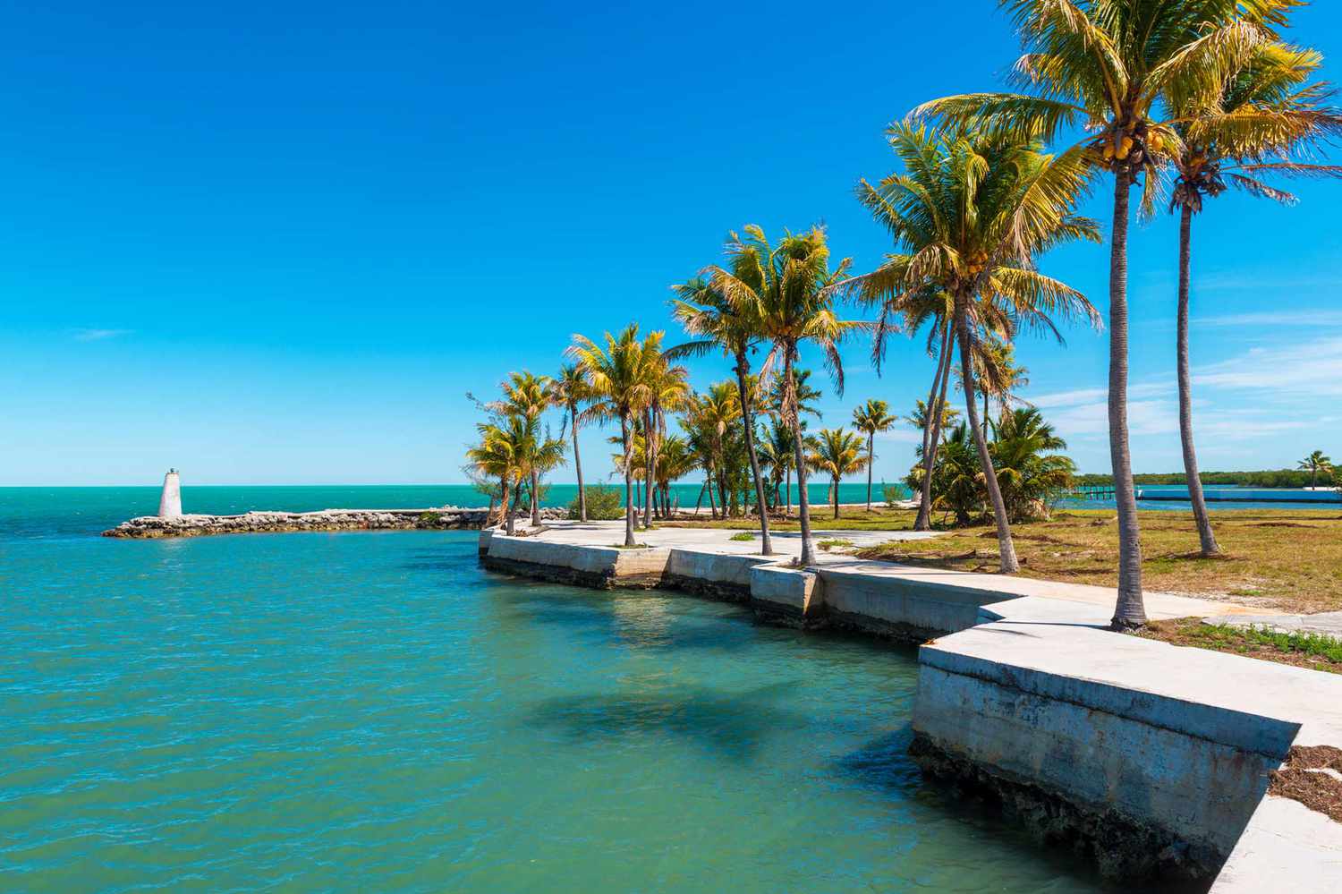 Petite baie à Marathon Florida Keys avec eau bleue et ciel et palmiers.