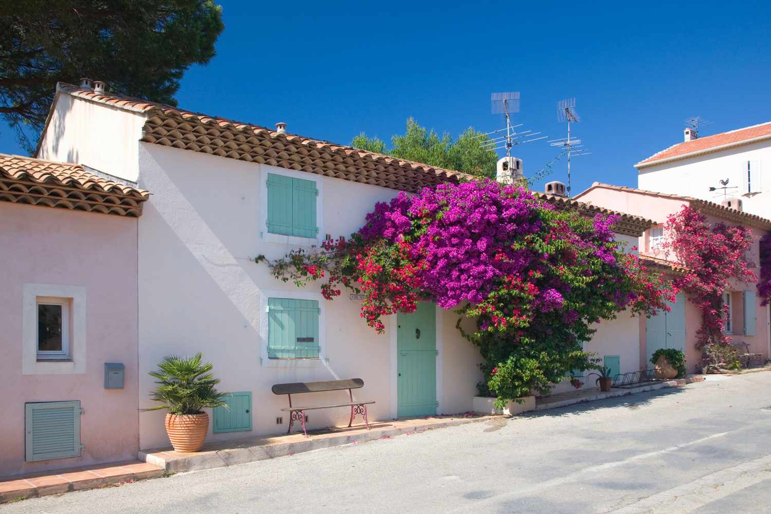 Maisons de village typiques de couleur rose aux accents turquoise à Porquerolles, France