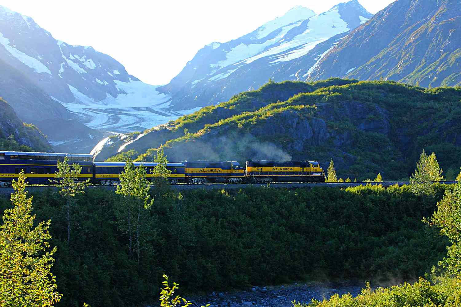 Alaska Railroad train passant dans un environnement verdoyant près de Bartlett Glacier