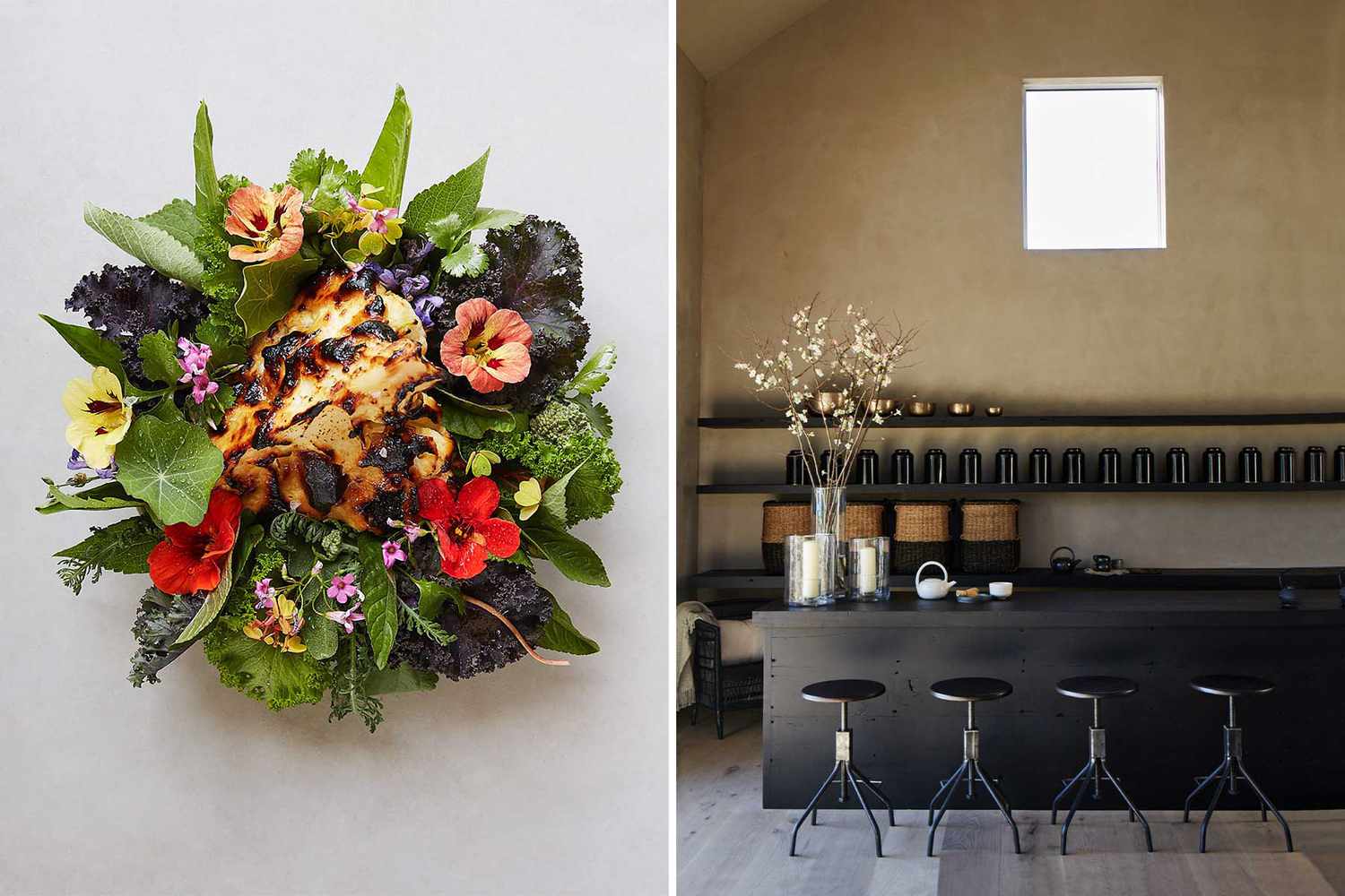 Une paire de photos de la maison Shou Sugi Ban montre un plat de chou-fleur et de fleurs comestibles, ainsi que le bar à thé de la propriété
