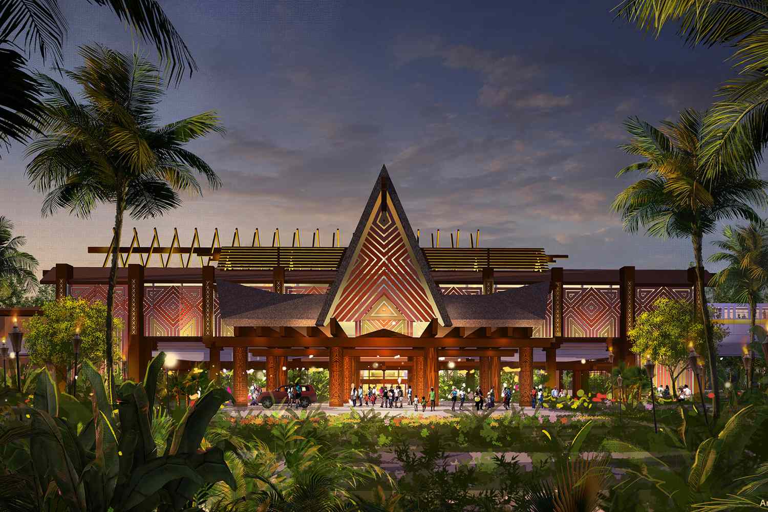 Ce rendu d'artiste met en évidence la nouvelle porte cochère spectaculaire en développement pour le Disney's Polynesian Village Resort au Walt Disney World Resort à Lake Buena Vista, en Floride.