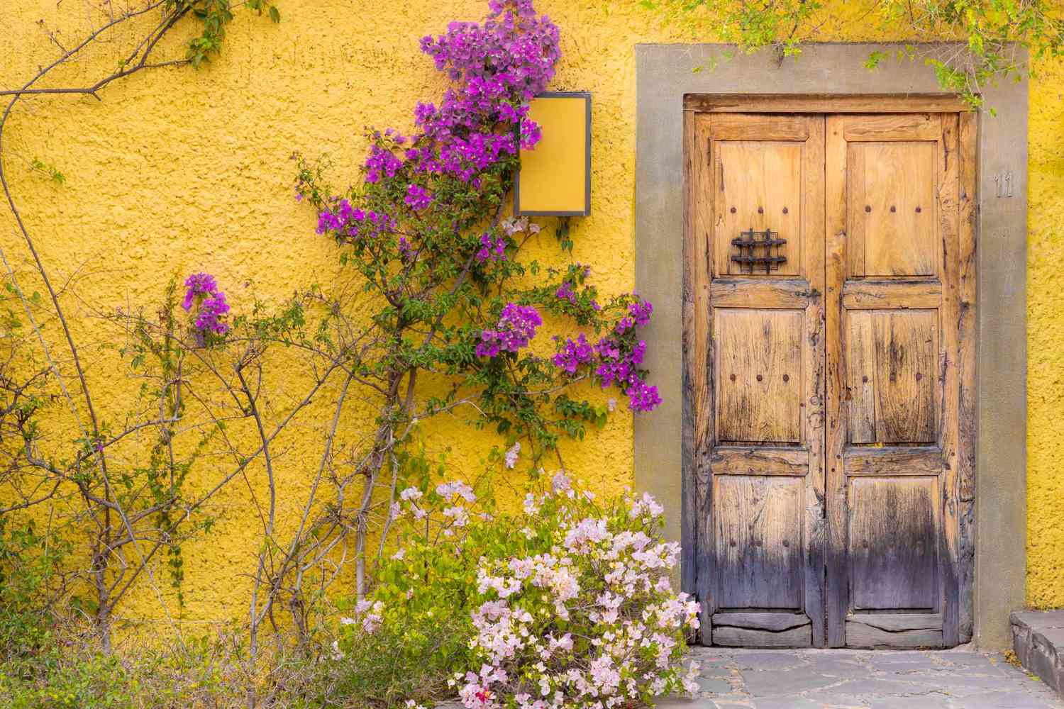 Porte en bois traditionnelle située dans un mur jaune à San Miguel de Allende, Mexique